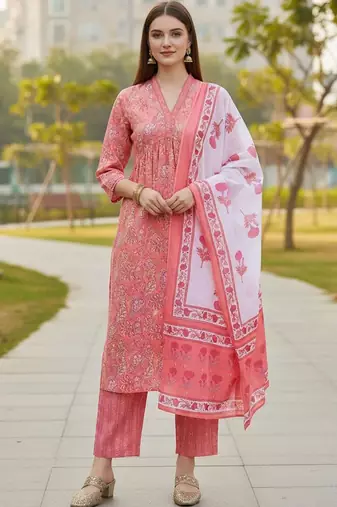 Women Floral Printed Empire Pure Cotton Kurta with Trousers & With Dupatta