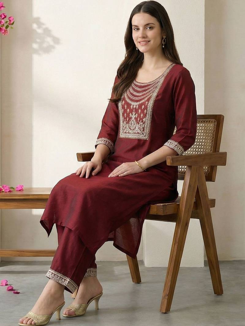 Women Ethnic Motifs Embroidered Regular Thread Work Liva Kurta with Trousers