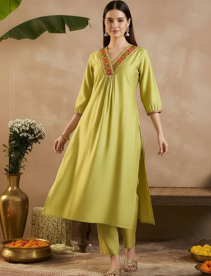 Women Ethnic Motifs Embroidered Empire Thread Work Liva Kurta with Trousers