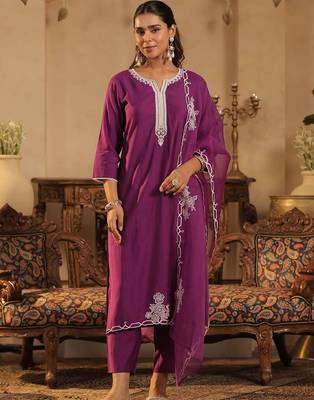 Women Ethnic Motifs Embroidered Regular Thread Work Liva Kurta with Trousers & With Dupatta 1