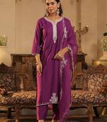 Women Ethnic Motifs Embroidered Regular Thread Work Liva Kurta with Trousers & With Dupatta