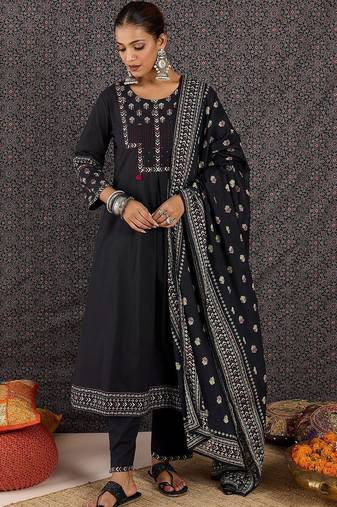 Women Ethnic Motifs Embroidered Regular Thread Work Pure Cotton Kurta with Trousers & With Dupatta