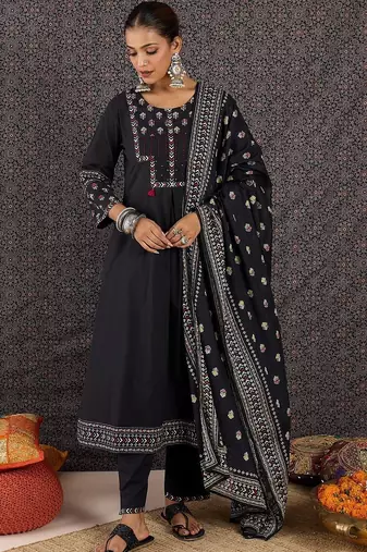 Women Ethnic Motifs Embroidered Regular Thread Work Pure Cotton Kurta with Trousers & With Dupatta