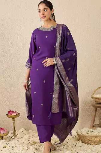 Women Ethnic Motifs Embroidered Regular Thread Work Kurta with Trousers & With Dupatta