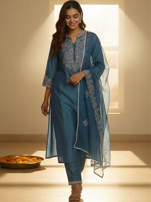 Women Ethnic Motifs Embroidered Regular Thread Work Liva Kurta with Trousers & With Dupatta 1