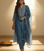 Women Ethnic Motifs Embroidered Regular Thread Work Liva Kurta with Trousers & With Dupatta