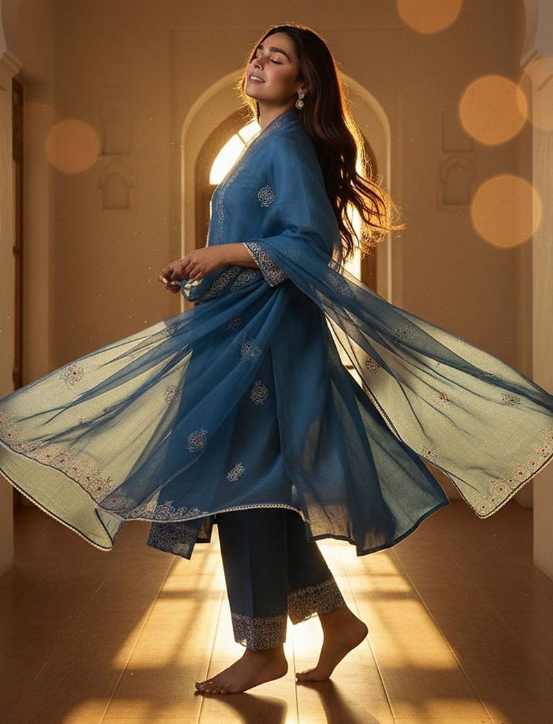 Women Ethnic Motifs Embroidered Regular Thread Work Liva Kurta with Trousers & With Dupatta