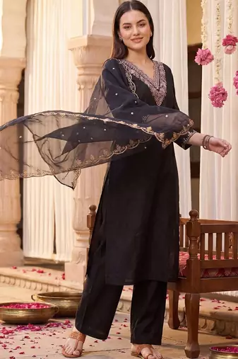 Women Ethnic Motifs Embroidered Regular Thread Work Kurta with Palazzos & With Dupatta