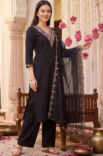 Women Ethnic Motifs Embroidered Regular Thread Work Kurta with Palazzos & With Dupatta