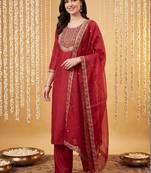 Women Ethnic Motifs Embroidered Regular Thread Work Liva Kurta with Trousers & With Dupatta