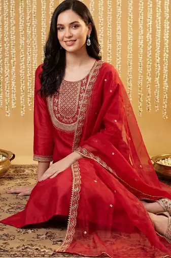 Women Ethnic Motifs Embroidered Regular Thread Work Liva Kurta with Trousers & With Dupatta