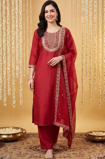 Women Ethnic Motifs Embroidered Regular Thread Work Liva Kurta with Trousers & With Dupatta