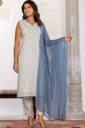 Women Ethnic Motifs Printed Regular  Cotton Kurta with Trousers & With Dupatta