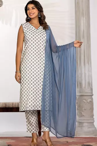 Women Ethnic Motifs Printed Regular Pure Cotton Kurta with Trousers & With Dupatta