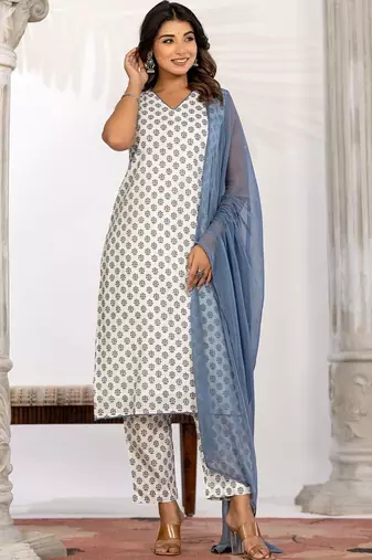 Women Ethnic Motifs Printed Regular Pure Cotton Kurta with Trousers & With Dupatta