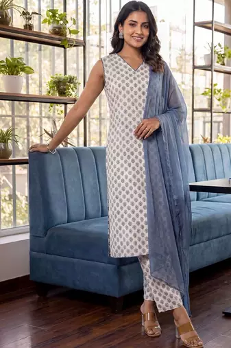 Women Ethnic Motifs Printed Regular Pure Cotton Kurta with Trousers & With Dupatta