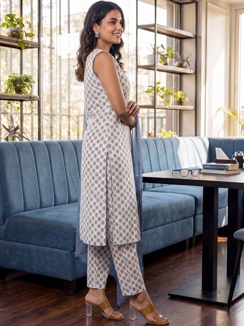 Women Ethnic Motifs Printed Regular Pure Cotton Kurta with Trousers & With Dupatta