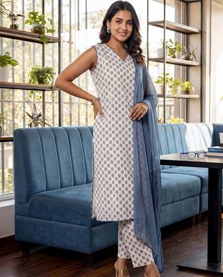 Women Ethnic Motifs Printed Regular Pure Cotton Kurta with Trousers & With Dupatta 5