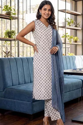 Women Ethnic Motifs Printed Regular Pure Cotton Kurta with Trousers & With Dupatta
