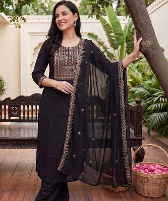 Women Ethnic Motifs Embroidered Regular Kurta with Palazzos & With Dupatta 1