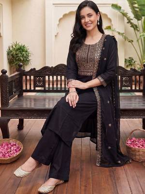 Women Ethnic Motifs Embroidered Regular Kurta with Palazzos & With Dupatta 5
