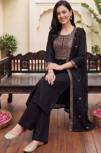 Women Ethnic Motifs Embroidered Regular Kurta with Palazzos & With Dupatta