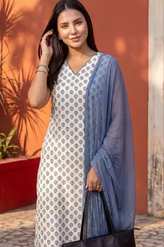 Women Ethnic Motifs Printed Regular Pure Cotton Kurta with Trousers & With Dupatta