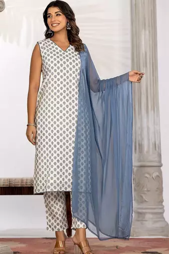 Women Ethnic Motifs Printed Regular Pure Cotton Kurta with Trousers & With Dupatta