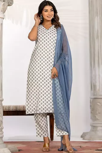 Women Ethnic Motifs Printed Regular Pure Cotton Kurta with Trousers & With Dupatta