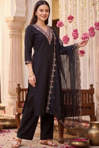 Women Ethnic Motifs Embroidered Regular Thread Work Kurta with Palazzos & With Dupatta