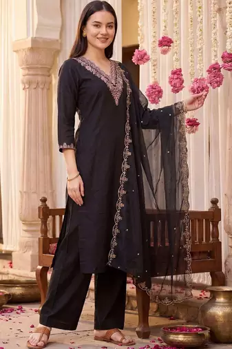 Women Ethnic Motifs Embroidered Regular Thread Work Kurta with Palazzos & With Dupatta