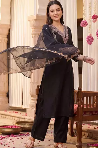 Women Ethnic Motifs Embroidered Regular Thread Work Kurta with Palazzos & With Dupatta