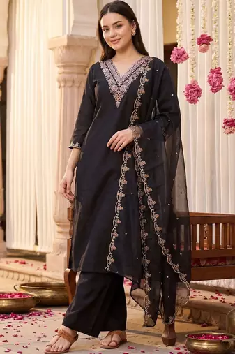 Women Ethnic Motifs Embroidered Regular Thread Work Kurta with Palazzos & With Dupatta