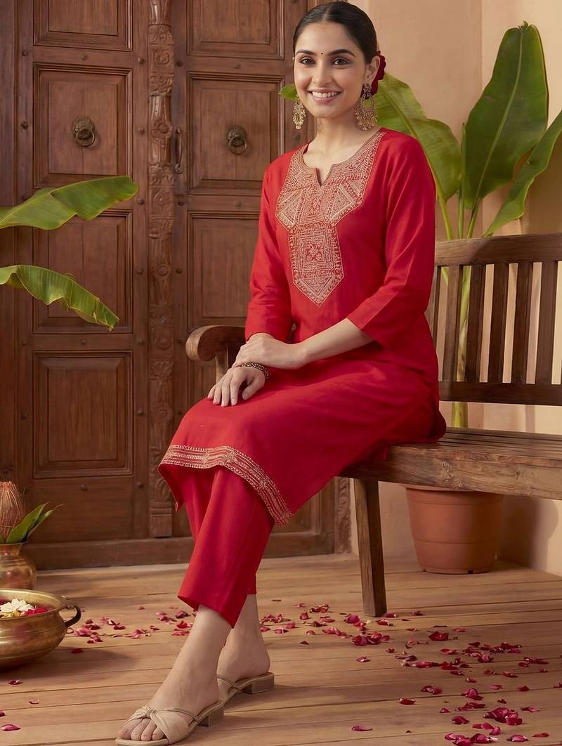 Women Ethnic Motifs Embroidered Regular Thread Work Kurta with Trousers