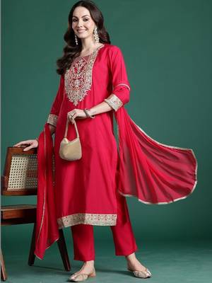 Women Ethnic Motifs Embroidered Regular Thread Work Kurta with Trousers & With Dupatta 1