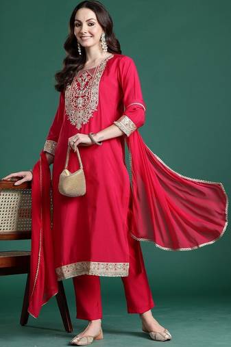 Women Ethnic Motifs Embroidered Regular Thread Work Kurta with Trousers & With Dupatta