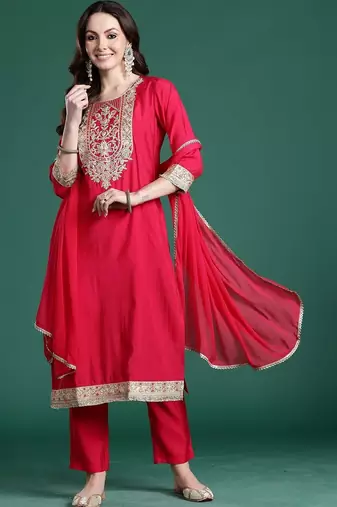 Women Ethnic Motifs Embroidered Regular Thread Work Kurta with Trousers & With Dupatta