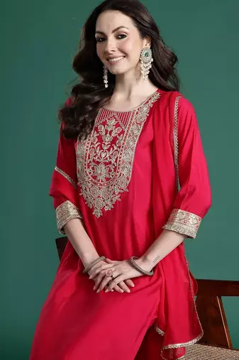 Women Ethnic Motifs Embroidered Regular Thread Work Kurta with Trousers & With Dupatta