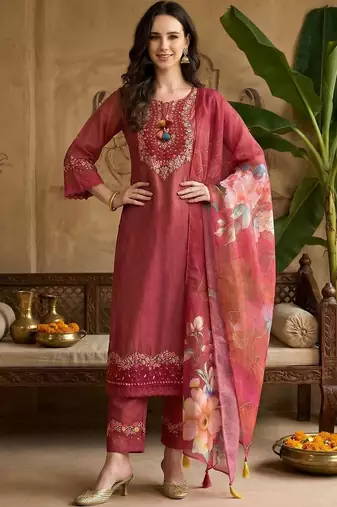 Women Ethnic Motifs Embroidered Regular Thread Work Kurta with Trousers & With Dupatta