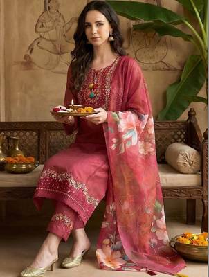 Women Ethnic Motifs Embroidered Regular Thread Work Kurta with Trousers & With Dupatta 5