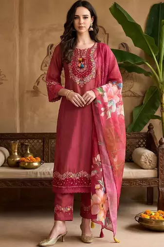 Women Ethnic Motifs Embroidered Regular Thread Work Kurta with Trousers & With Dupatta