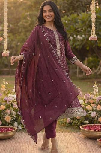 Women Ethnic Motifs Embroidered Regular Kurta with Trousers & With Dupatta