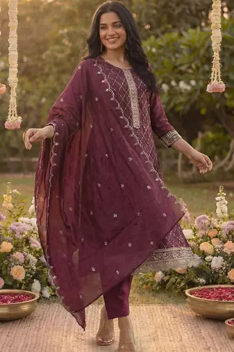 Women Ethnic Motifs Embroidered Regular Kurta with Trousers & With Dupatta