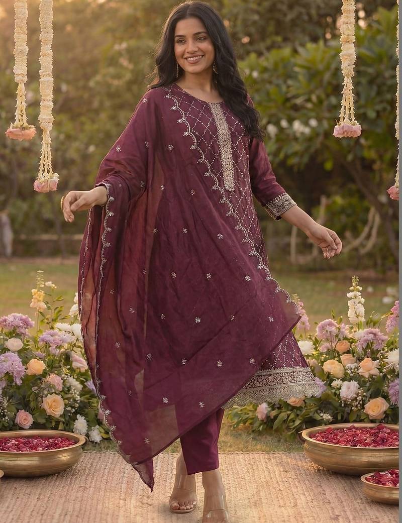 Women Ethnic Motifs Embroidered Regular Kurta with Trousers & With Dupatta