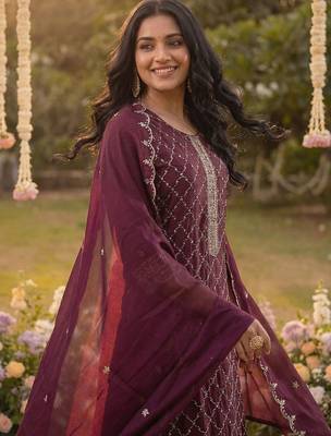 Women Ethnic Motifs Embroidered Regular Kurta with Trousers & With Dupatta 2