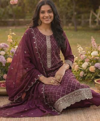 Women Ethnic Motifs Embroidered Regular Kurta with Trousers & With Dupatta 4
