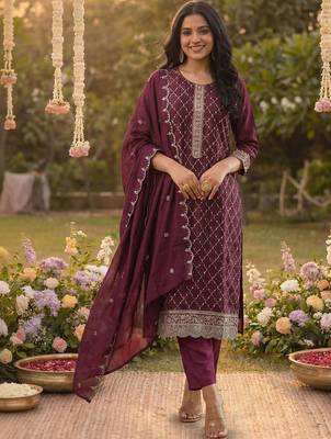 Women Ethnic Motifs Embroidered Regular Kurta with Trousers & With Dupatta 5