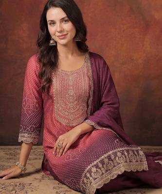 Women Ombre Dyed Regular Sequinned Kurta with Trousers & With Dupatta 2
