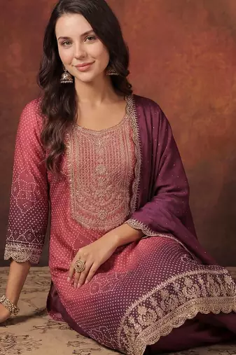 Women Ombre Dyed Regular Sequinned Kurta with Trousers & With Dupatta