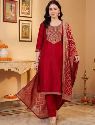 Women Ethnic Motifs Embroidered Regular Kurta with Trousers & With Dupatta 1